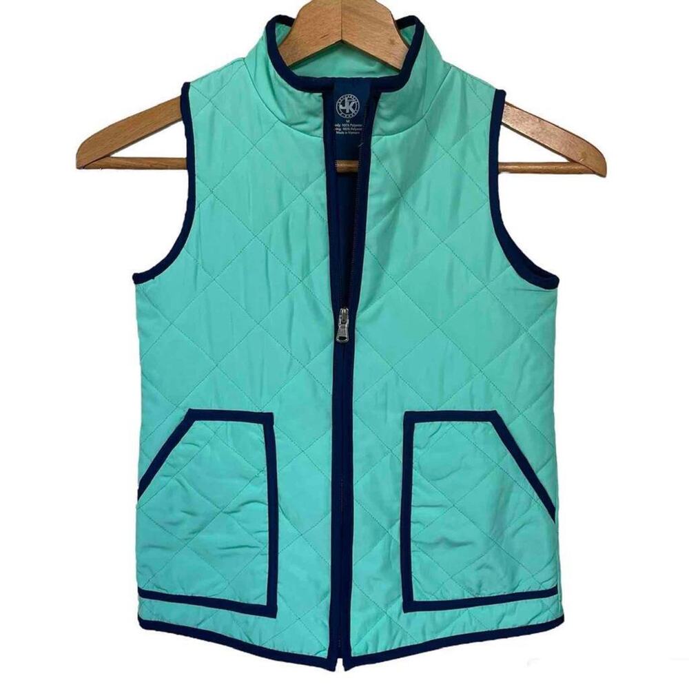Girls Medium 8 JK Mint & Navy Blue Quilted Zip Up Vest with Pockets